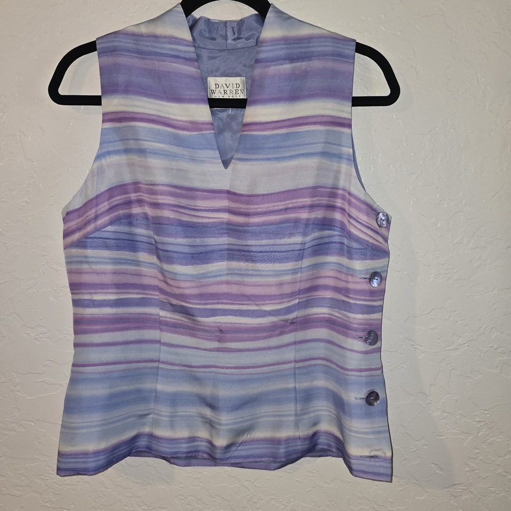 Vintage David Warren New York 10 Top Blouse Blue Purple stripe 100% Silk buttons